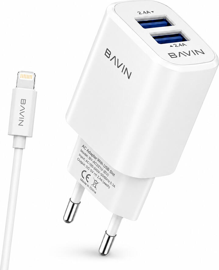 Incarcator de perete BAVIN Dual USB PC913Y BV-AC221U Priza EU 2.4A Adaptor AC cu Cablu USB la Lightning, Policarbonat Alb, Protectie Siguranta