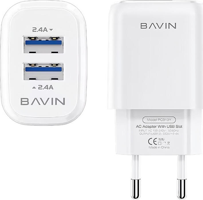 Incarcator de perete BAVIN Dual USB PC913Y BV-AC221U Priza EU 2.4A Adaptor AC cu Cablu USB la Lightning, Policarbonat Alb, Protectie Siguranta