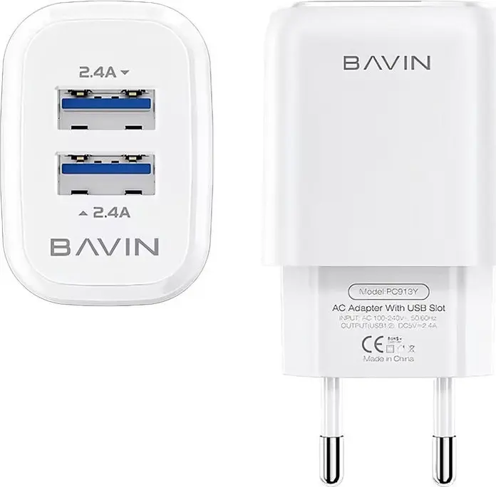 Incarcator de perete BAVIN Dual USB PC913Y BV-AC221U Priza EU 2.4A Adaptor AC cu Cablu USB la Lightning, Policarbonat Alb, Protectie Siguranta