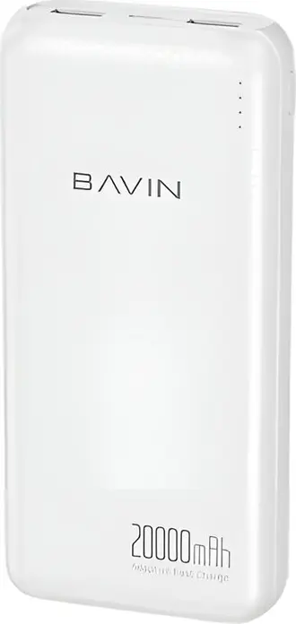 Power Bank BAVIN PC1182 Capacitate Mare 20000mAh 74Wh Baterie Li-Pol, Dual USB Type-A Output 5V/2A, Intrare USB-C, Incarcare Rapida, Alb