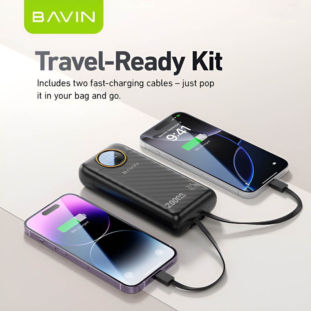 BAVIN PC1153S 20000mAh Power Bank 22.5W Fast Charging with Digital LED Display and Built-in Type-C and Lightning Cables for 4 Devices, Black