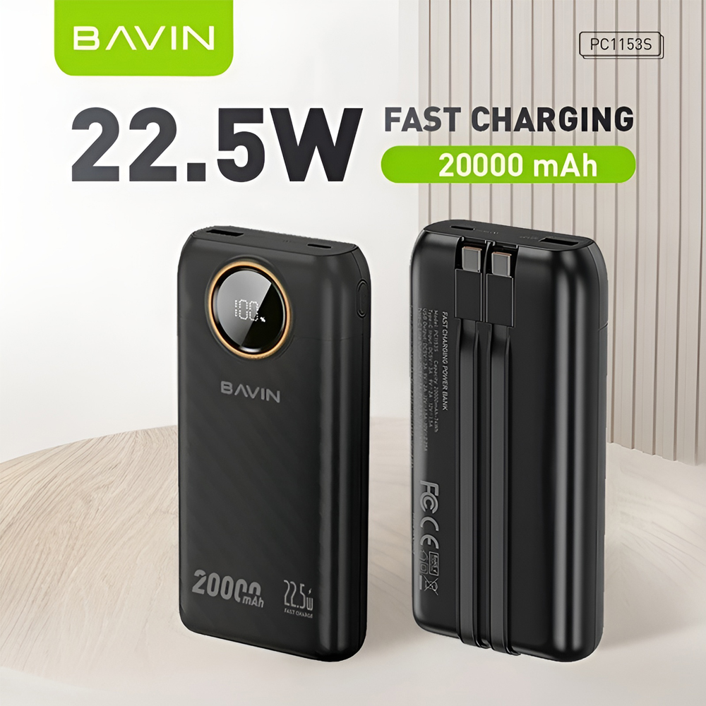 BAVIN PC1153S 20000mAh Power Bank 22.5W Fast Charging with Digital LED Display and Built-in Type-C and Lightning Cables for 4 Devices, Black