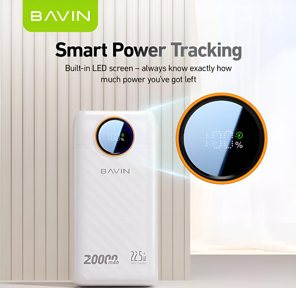 BAVIN PC1153S 20000mAh Power Bank 22.5W Fast Charging White with Digital LED Display and Built-in Type-C and Lightning Cables for 4 Devices