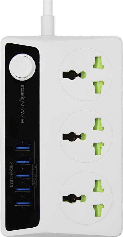 Prelungitor BAVIN cu Control Timer Inteligent, 3 Prize, 4 Porturi USB 17W 5V/3.4A, Putere Maxima 2500W, Cablu 1.5m, Priza EU, ABS Rezistent la Foc, Alb