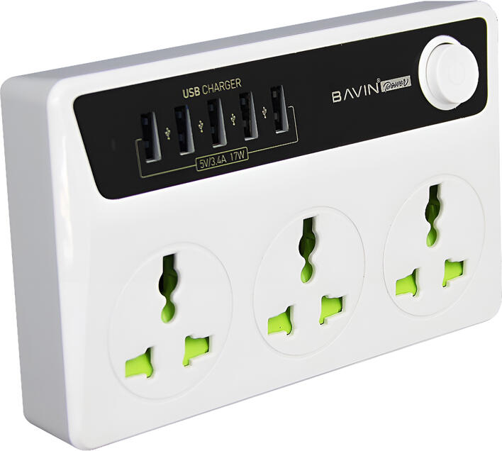 Prelungitor BAVIN cu Control Timer Inteligent, 3 Prize, 4 Porturi USB 17W 5V/3.4A, Putere Maxima 2500W, Cablu 1.5m, Priza EU, ABS Rezistent la Foc, Alb