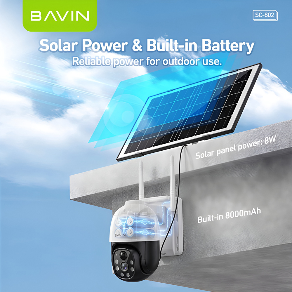 BAVIN SC-802 Outdoor Solar Security Camera, 5MP HD, PTZ Pan 350 Tilt 90, PIR Motion Detection, 8000mAh Battery, 7.5W Solar Panel, IP66, V380 PRO App