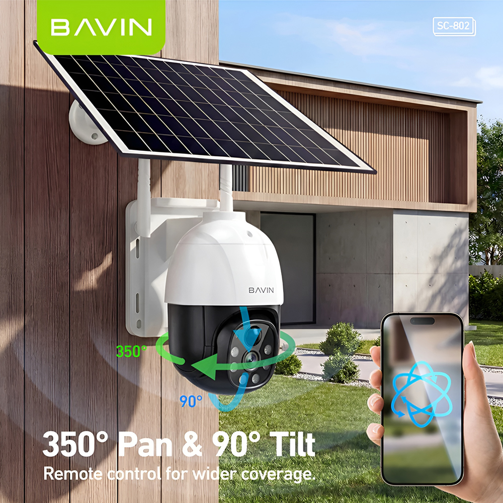 BAVIN SC-802 Outdoor Solar Security Camera, 5MP HD, PTZ Pan 350 Tilt 90, PIR Motion Detection, 8000mAh Battery, 7.5W Solar Panel, IP66, V380 PRO App