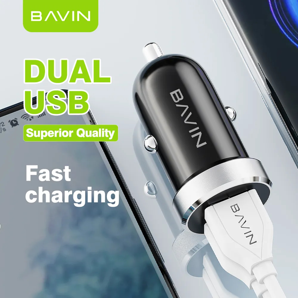 BAVIN PC862 Dual USB Car Charger 12W 2.4A, Compact ABS Metal Design, 12V-24V Input, Includes USB-A to Lightning Cable