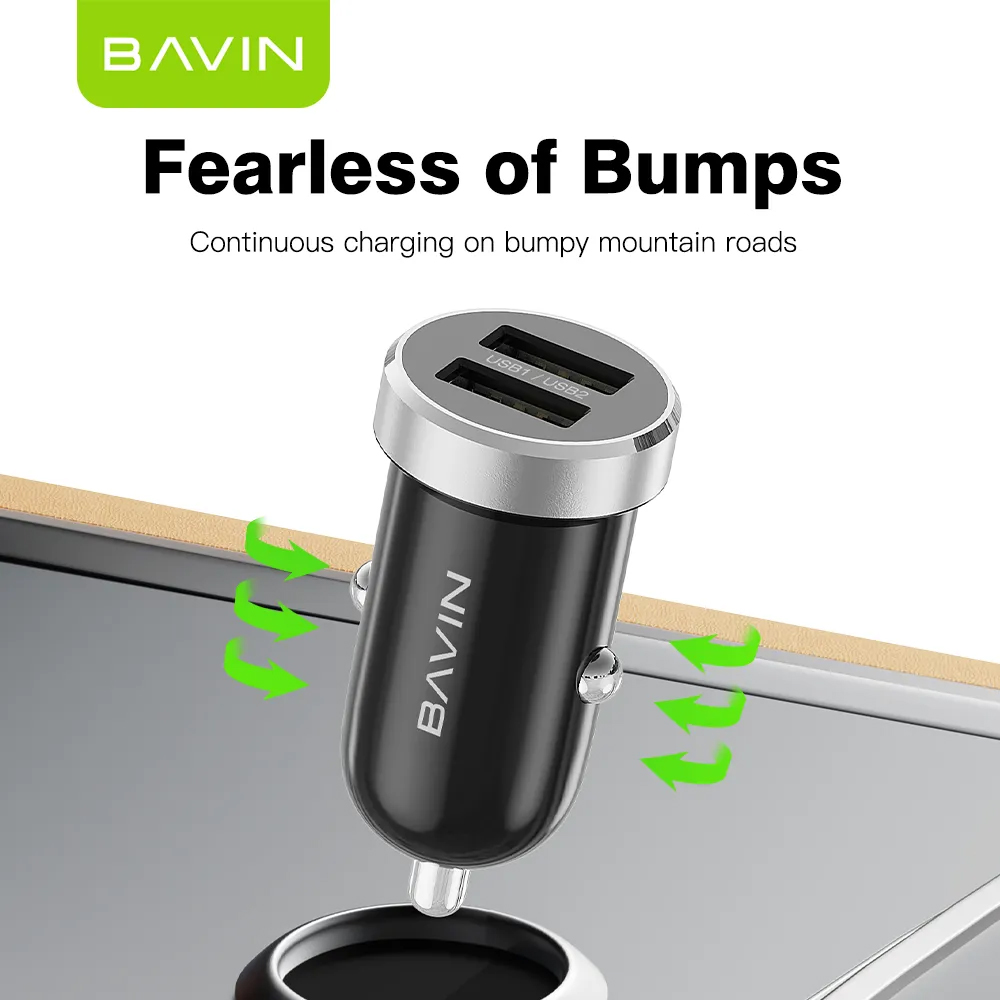 BAVIN PC862 Dual USB Car Charger 12W 2.4A, Compact ABS Metal Design, 12V-24V Input, Includes USB-A to Lightning Cable