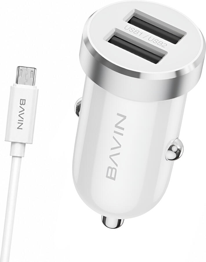 BAVIN Car Charger Dual USB Universal + Cable Micro-USB, 2.4A,12W, White
