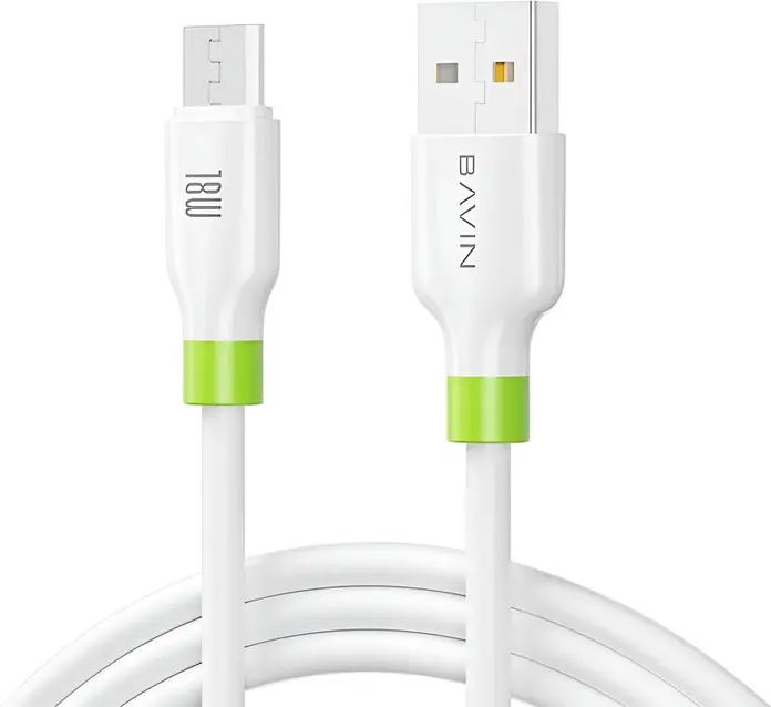 BAVIN CB412 USB to Micro-USB Charging and Data Cable, 18W Fast Charge, Flexible Silicone Tangle-Resistant Material, 1m, White