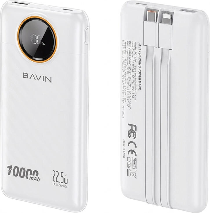 Power Bank BAVIN PC1138 10000mAh 22.5W Incarcare Rapida cu Display LED si Cabluri Integrate USB-C si Lightning, Alb