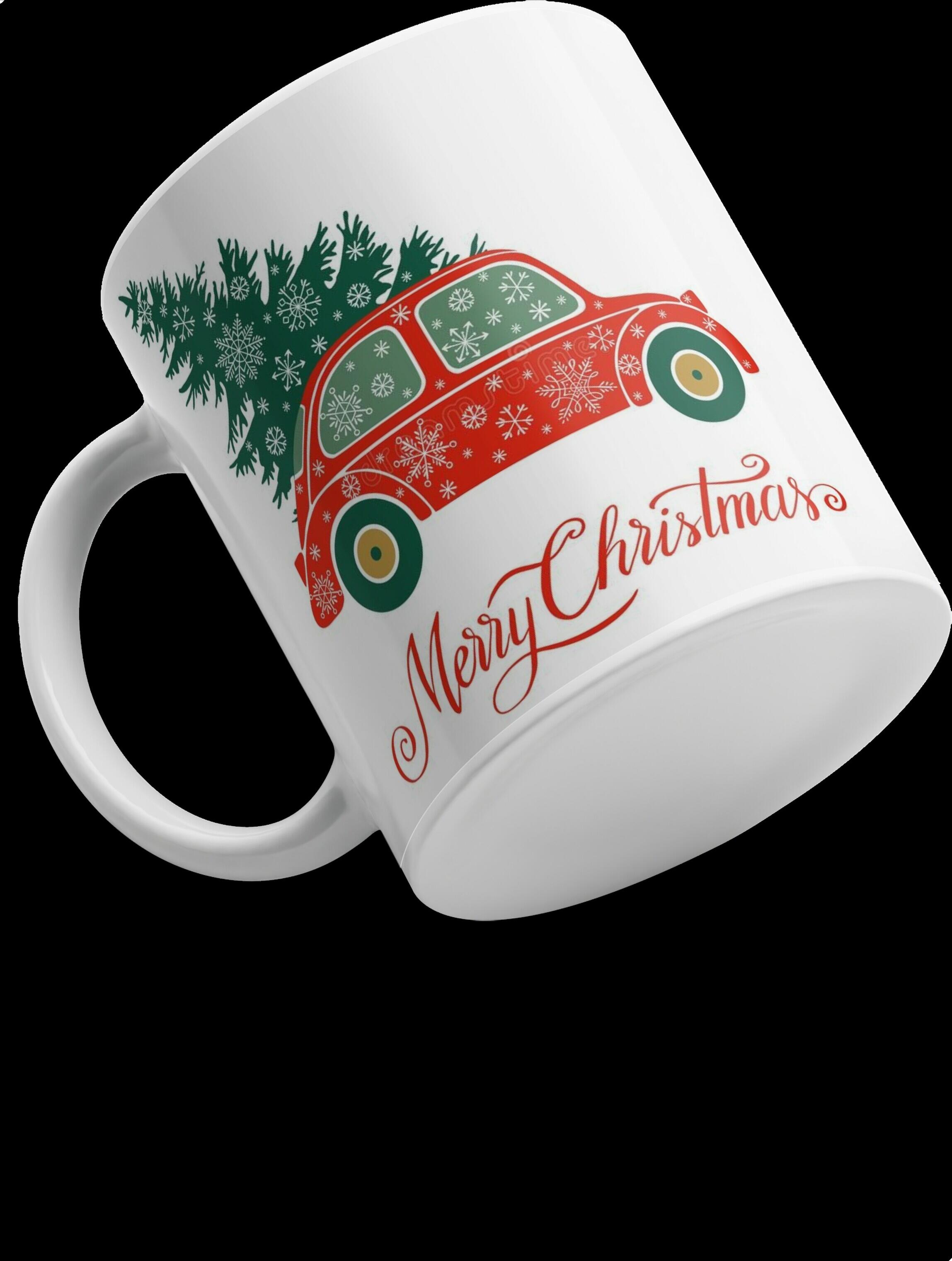 Белая керамическая кружка Merry Christmas с красным винтажным автомобилем и рождественской елкой, узоры в виде снежинок, стандартная ручка C
