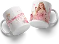 Pyantessa Ceramic Mug, White with Pink Princess and Wine Glass Illustration, Multicolored Print, #89