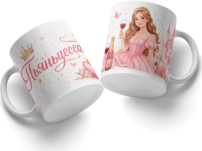 Pyantessa Ceramic Mug, White with Pink Princess and Wine Glass Illustration, Multicolored Print, #89
