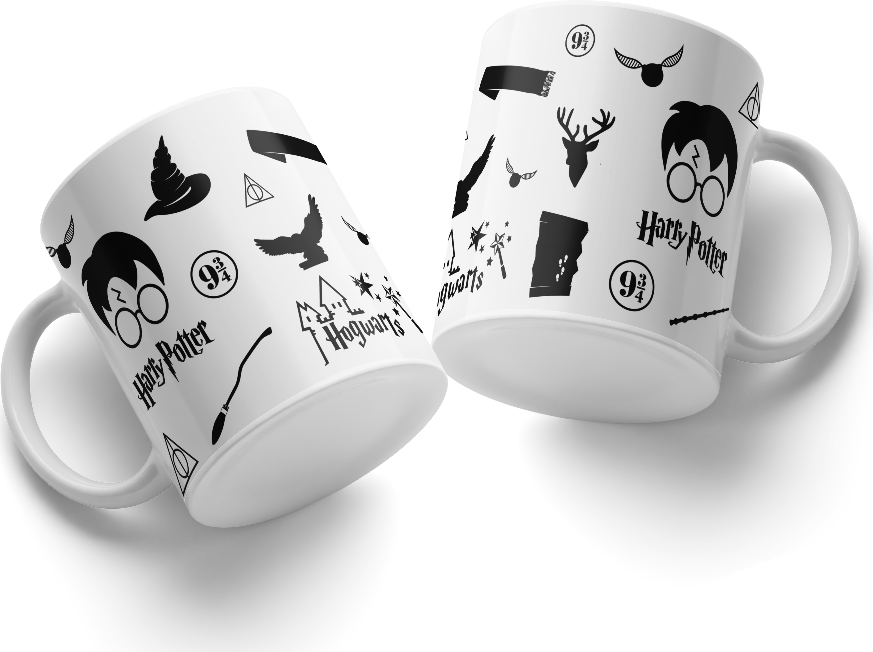 Harry Potter Ceramic Mug #14, White with Black All-Over Print Silhouettes, Hogwarts Castle, Platform 9 3/4, Sorting Hat and Magic Wand