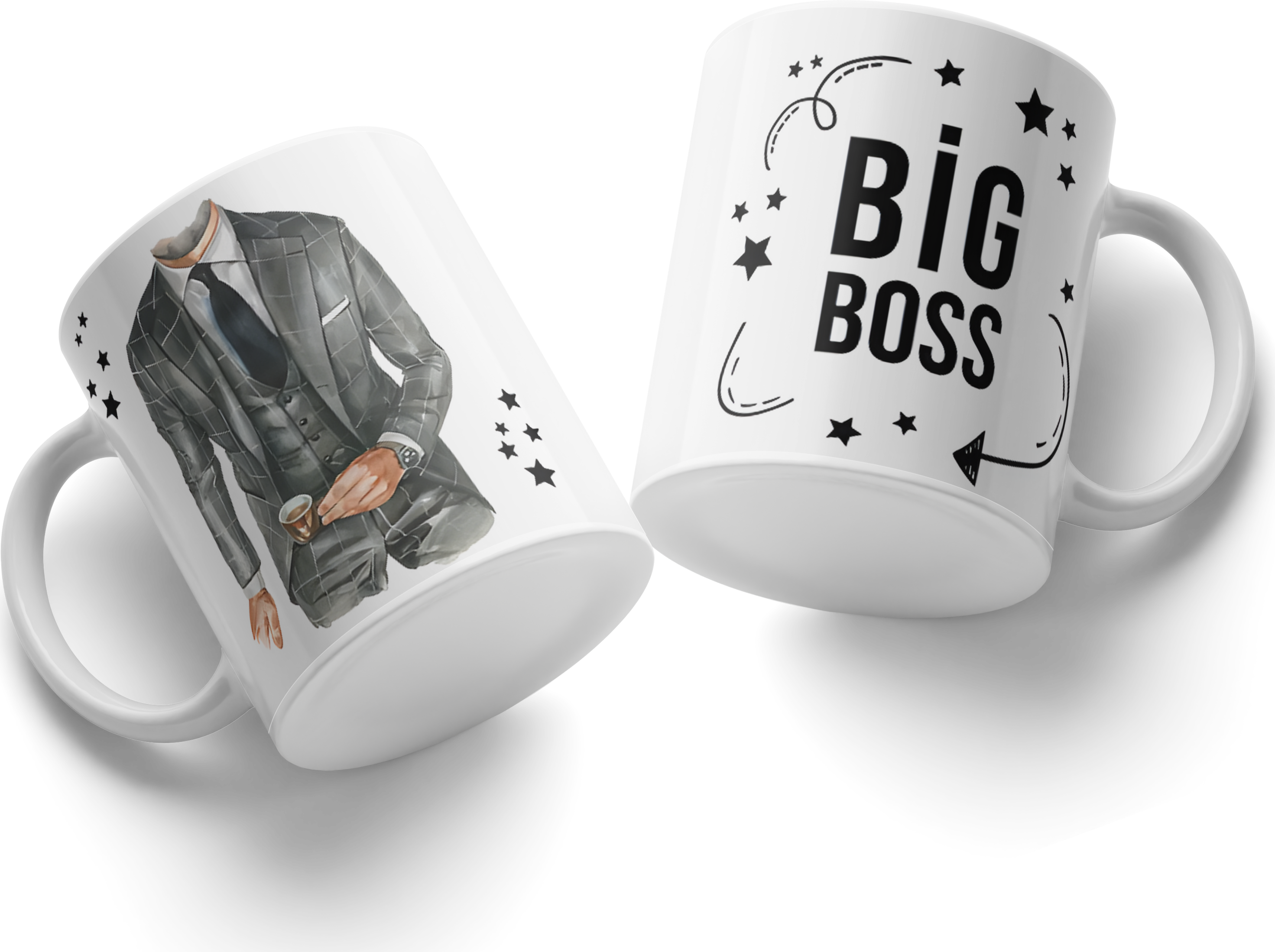 Cana din Ceramică Big Boss, Design Costum Gri cu Cravată și Stele, Ceașca de Cafea Albă Model #48