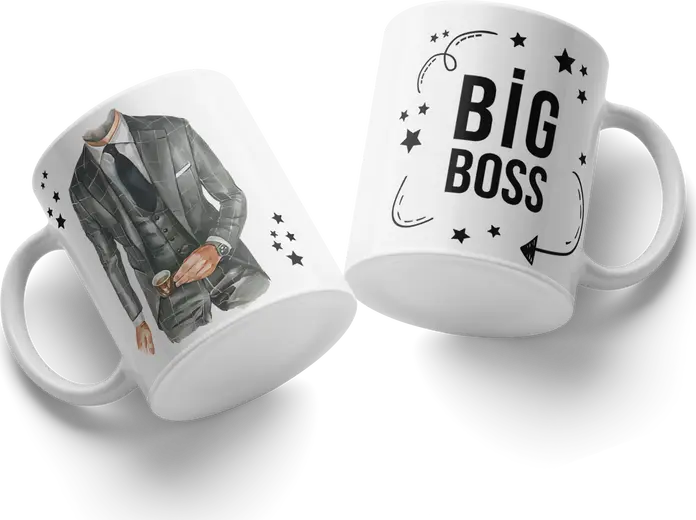 Cana din Ceramică Big Boss, Design Costum Gri cu Cravată și Stele, Ceașca de Cafea Albă Model #48