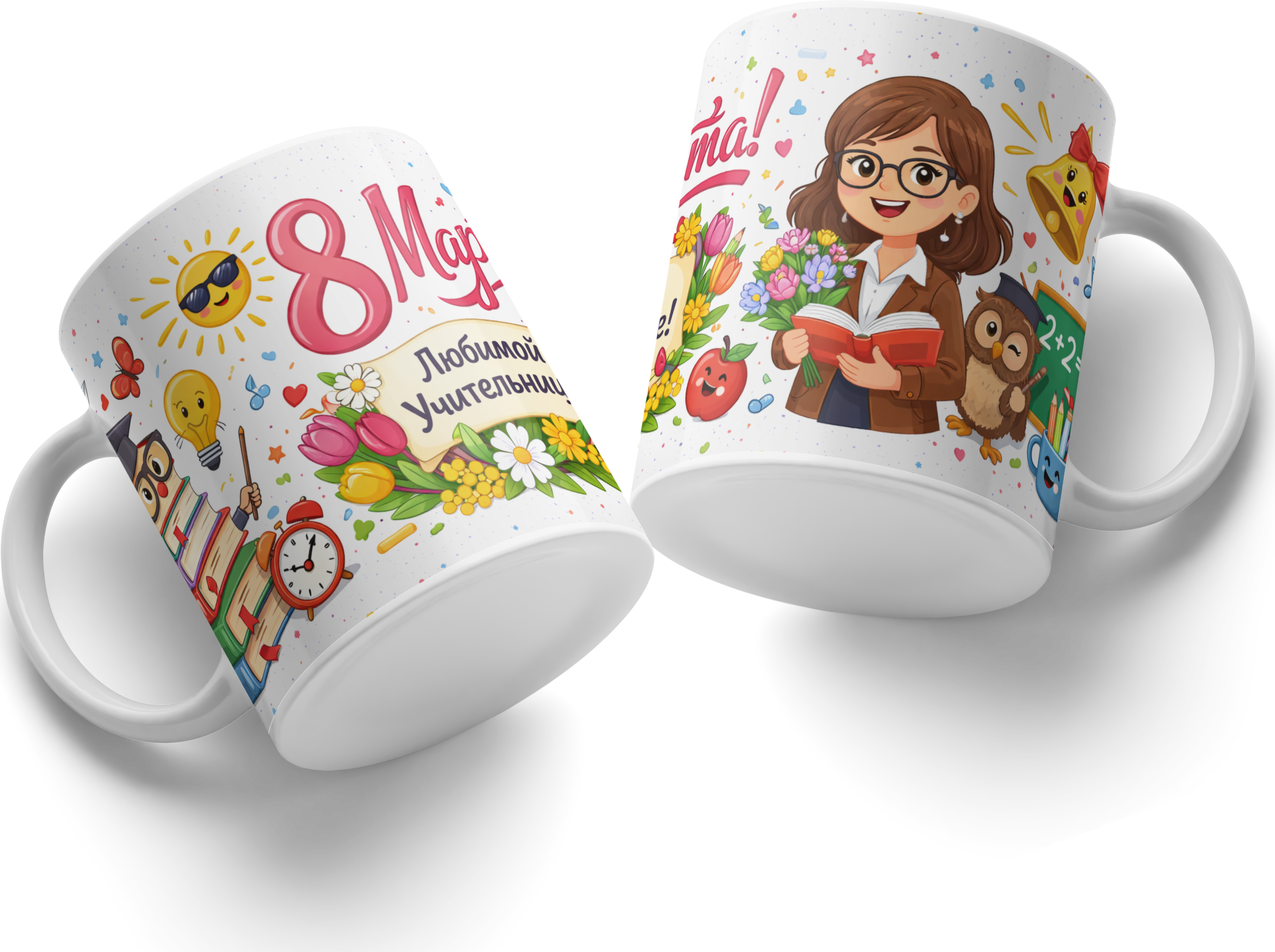Ceramic Mug #93 for Female Teacher, International Women's Day March 8th Gift, White Coffee Cup with Teacher Illustration and School Elements