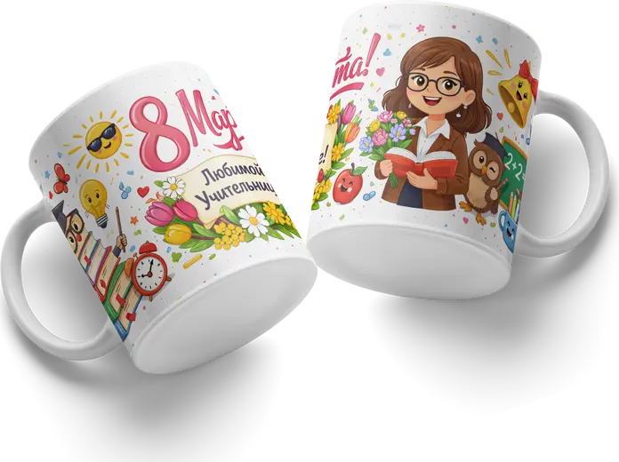 Ceramic Mug #93 for Female Teacher, International Women's Day March 8th Gift, White Coffee Cup with Teacher Illustration and School Elements