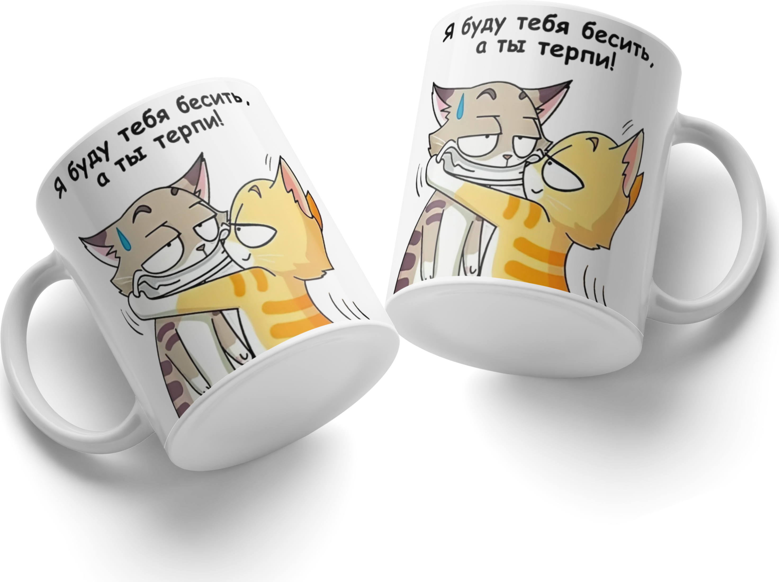 Ceramic Mug with Two Cats Illustration and 'I will annoy you, and you endure it!' Text, White, #58