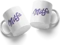 Milfa Ceramic Mug, White with Purple Cursive Text Design, Home and Garden Dinnerware #80