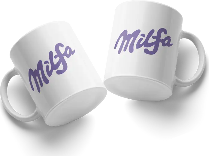 Milfa Ceramic Mug, White with Purple Cursive Text Design, Home and Garden Dinnerware #80