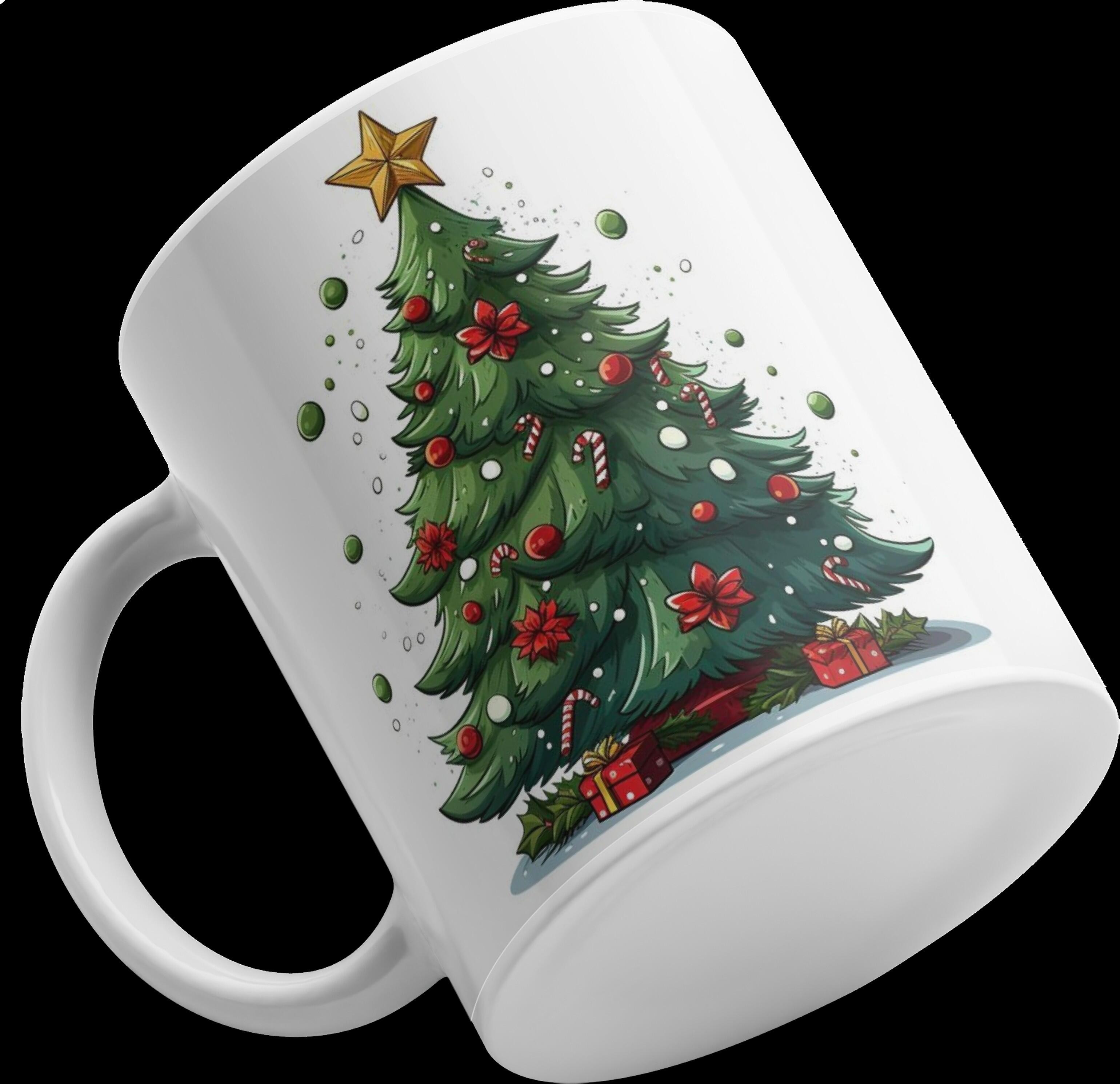 New Year's Mug 6, White Ceramic Coffee Cup with Christmas Tree, Gold Star, and Gift Box Design