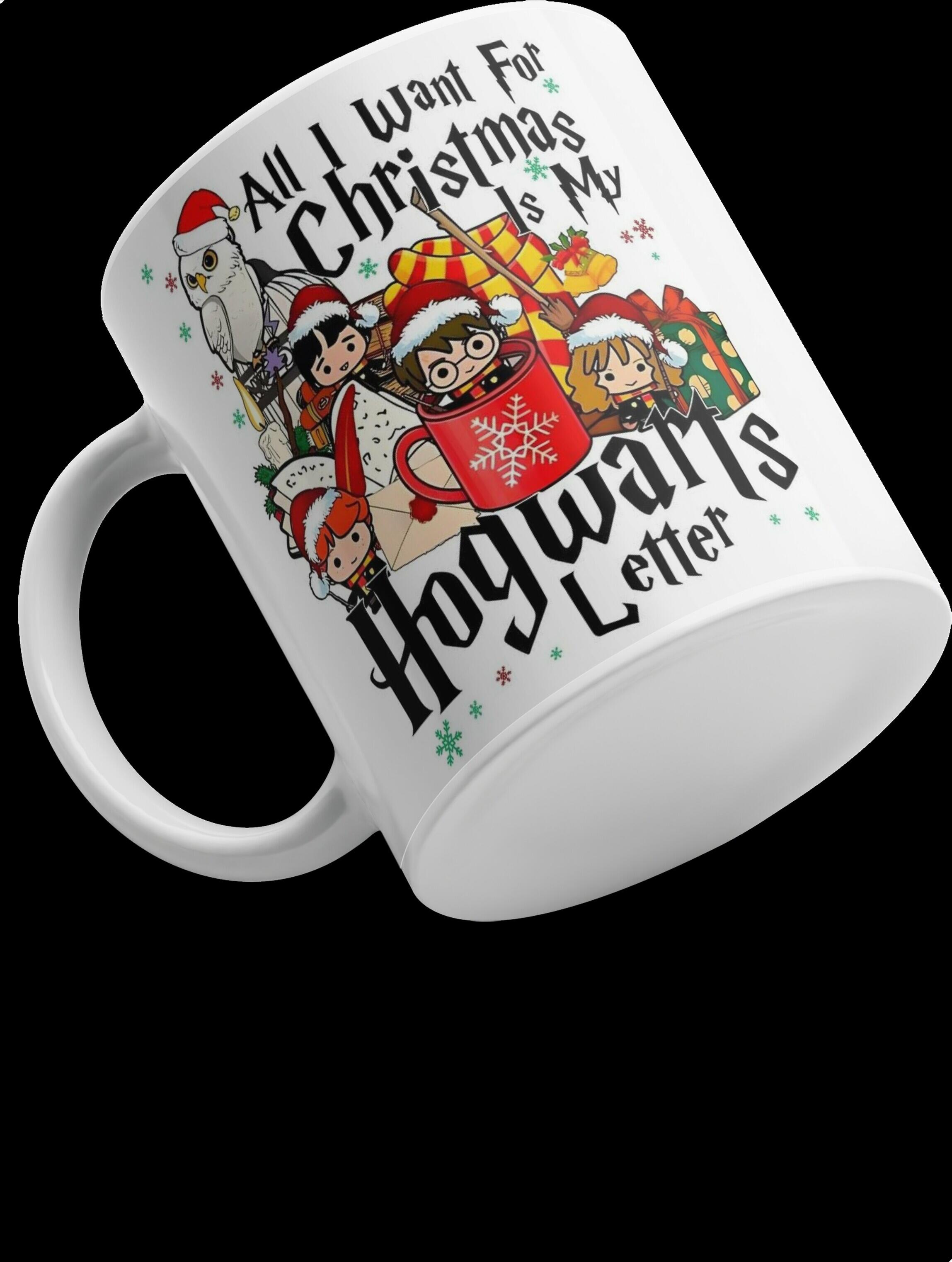 Harry Potter All I Want For Christmas Is My Hogwarts Letter Ceramic Mug, White Christmas Themed Coffee Cup with Chibi Characters