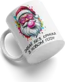 New Year Santa Claus Bubblegum Ceramic Mug, White Coffee Cup with Pink Sunglasses and Paint Splatter Design ID 14