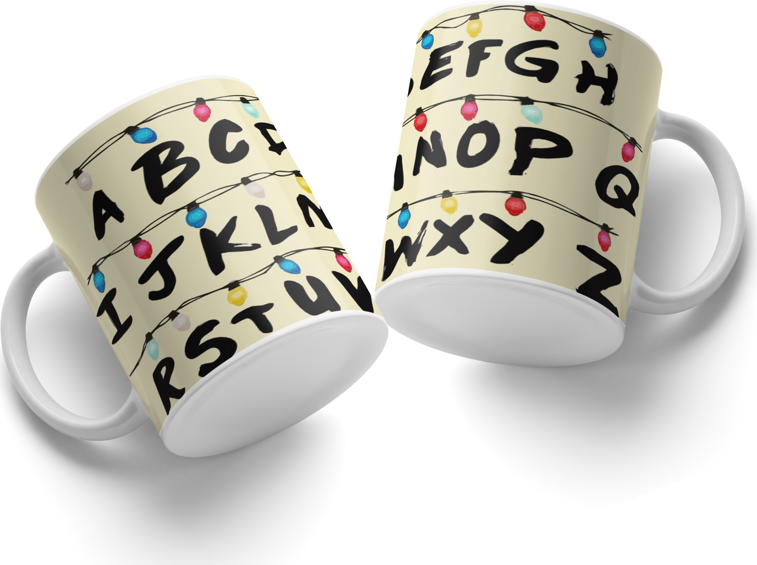 Ceramic Mug with Alphabet Letters A-Z and Colorful String Lights Design, Beige and White, Home and Garden Dinnerware