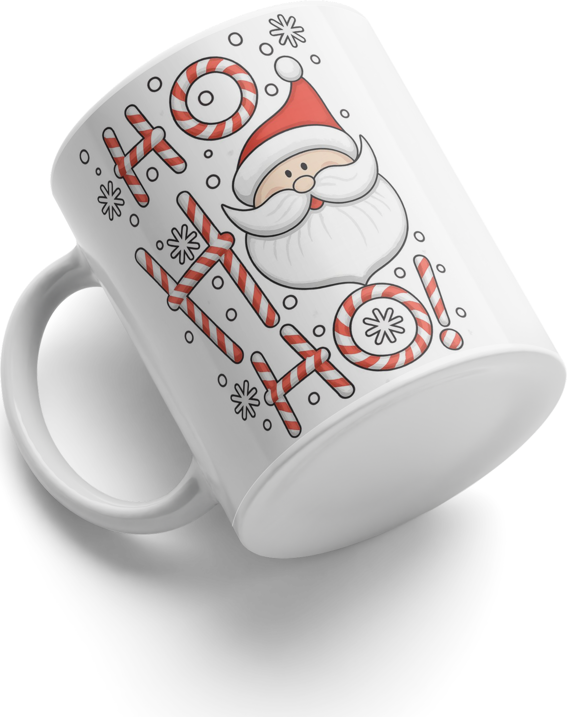 Cană de Anul Nou 4, Cană de Crăciun din Ceramică, Albă cu Moș Crăciun, Bastonele de Cânduri, Fulgi de Neve și Text HO HO HO