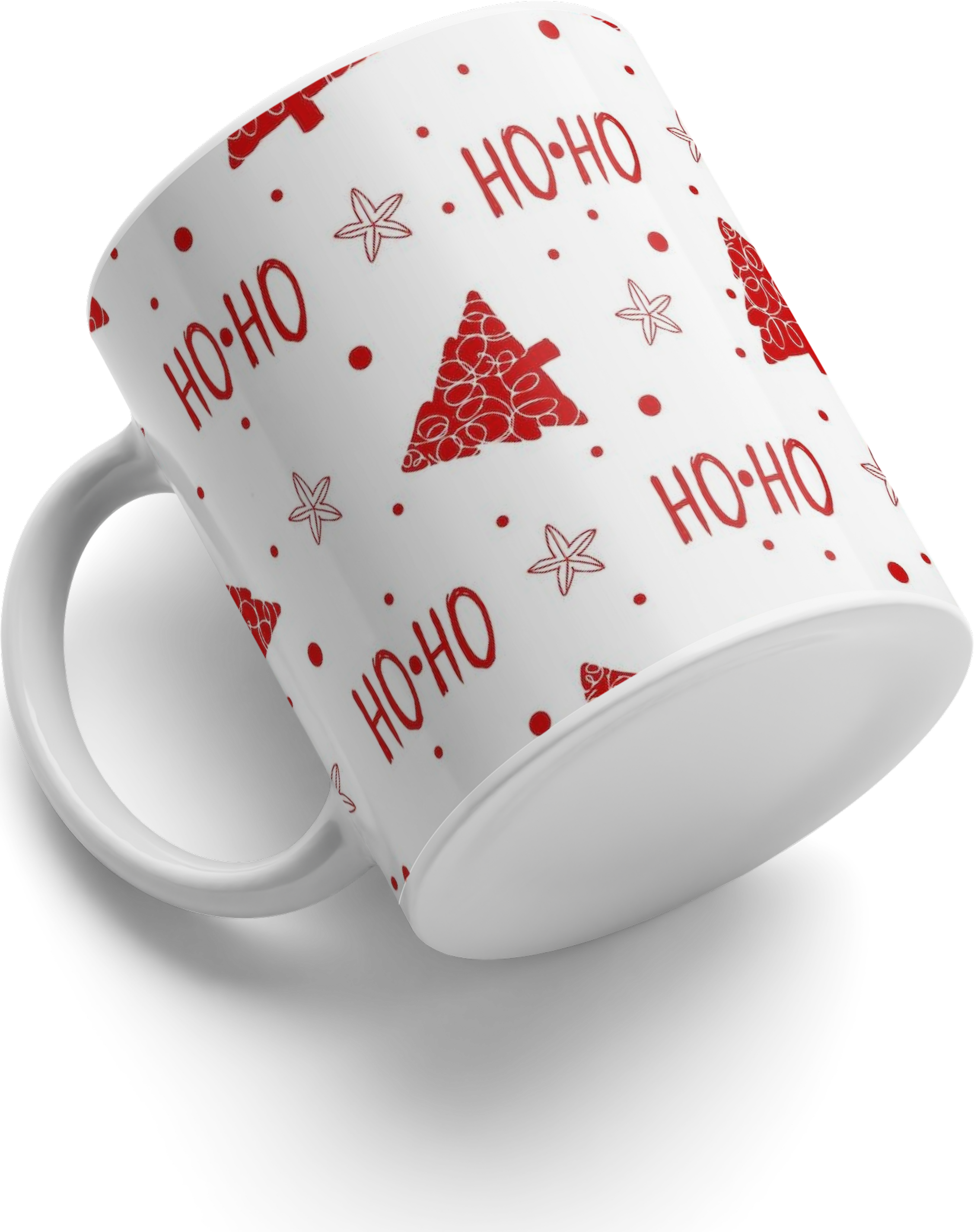 Ceramic New Year and Christmas Mug, White with Red HO HO Print, Festive Tree and Star Design, Holiday Dinnerware