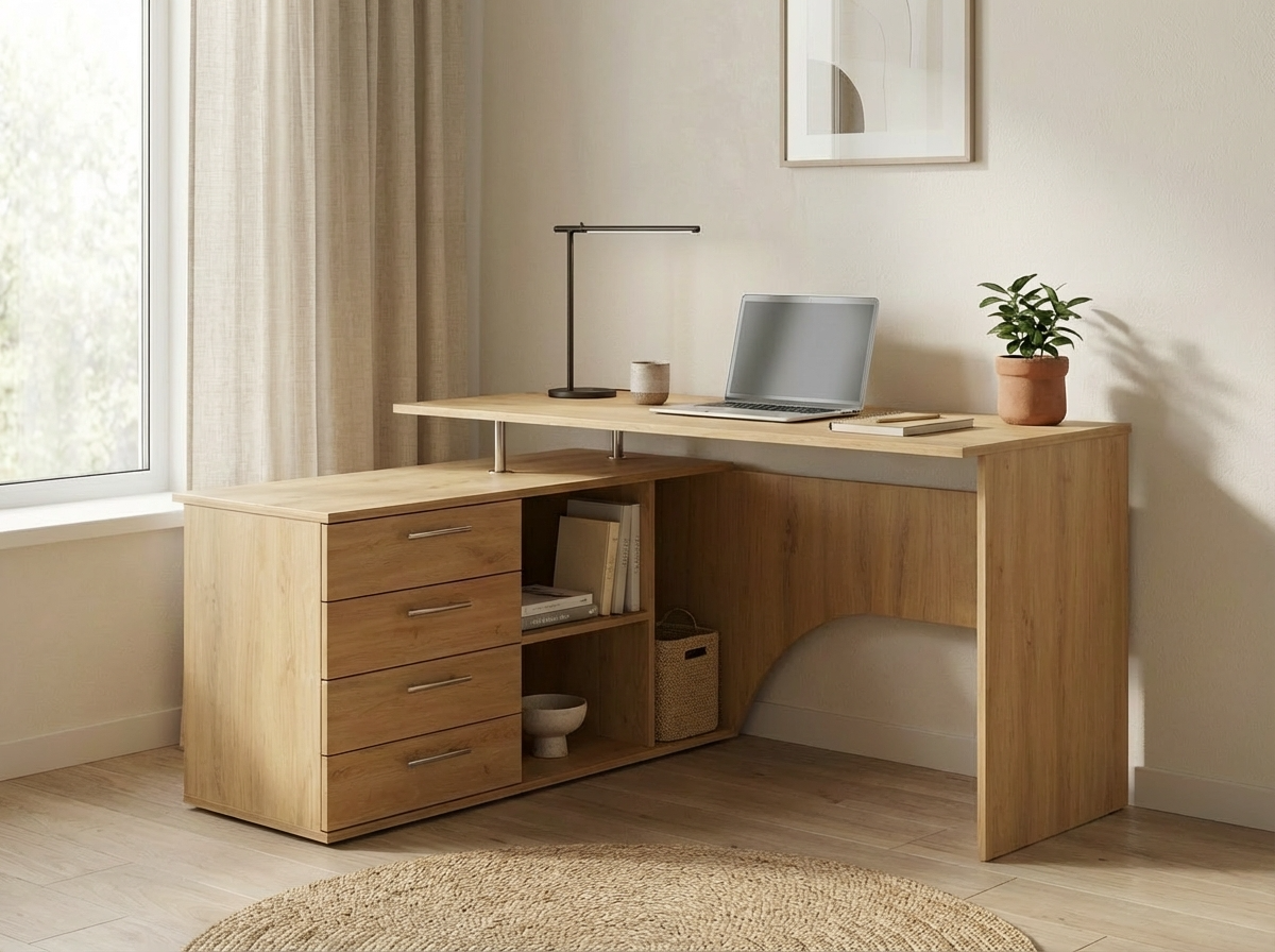 Fabrik Home Nr.1 Corner Computer Desk, Laminated PAL 18mm, 1400x1200mm, 4 Drawers and Open Shelving, Stony Oak