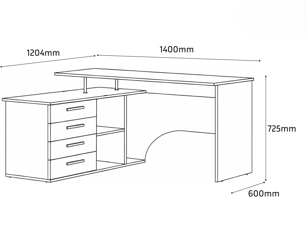 Fabrik Home Nr.1 Corner Computer Desk, Laminated PAL 18mm, 1400x1200mm, 4 Drawers and Open Shelving, Stony Oak