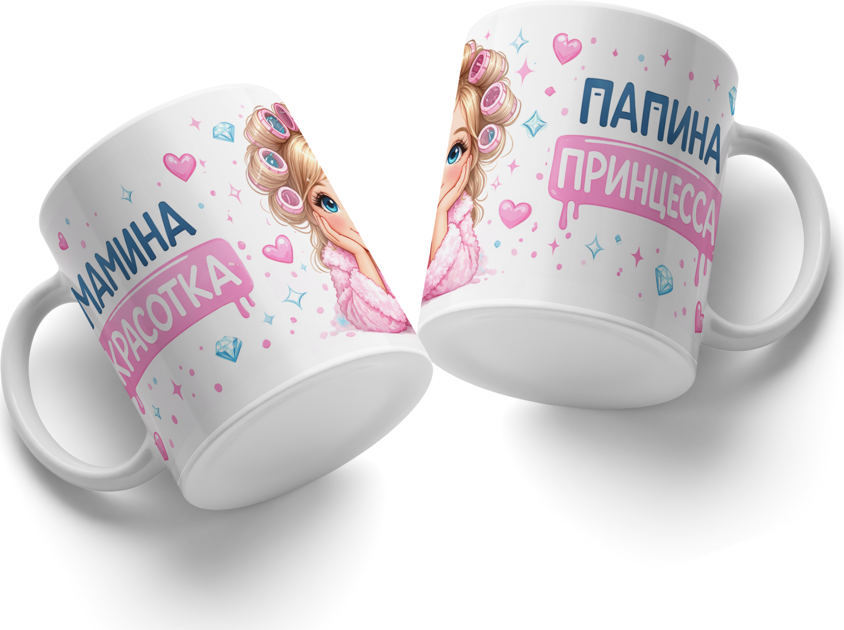 White Ceramic Mug with Blonde Girl Illustration, Mommy's Beauty Daddy's Princess Russian Text Design