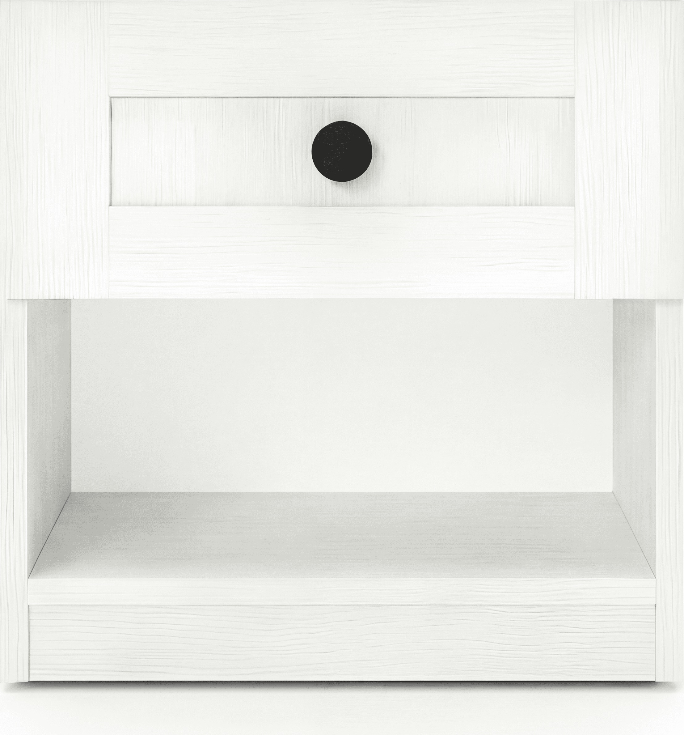 Noptiera Fabrik Home Mezzo 2, Frasin Alb, 450x450x350 mm, 1 Sertar cu Culisare Metalice si 1 Nisa Deschis, Buton Circular Negru, Design Elegant Compact