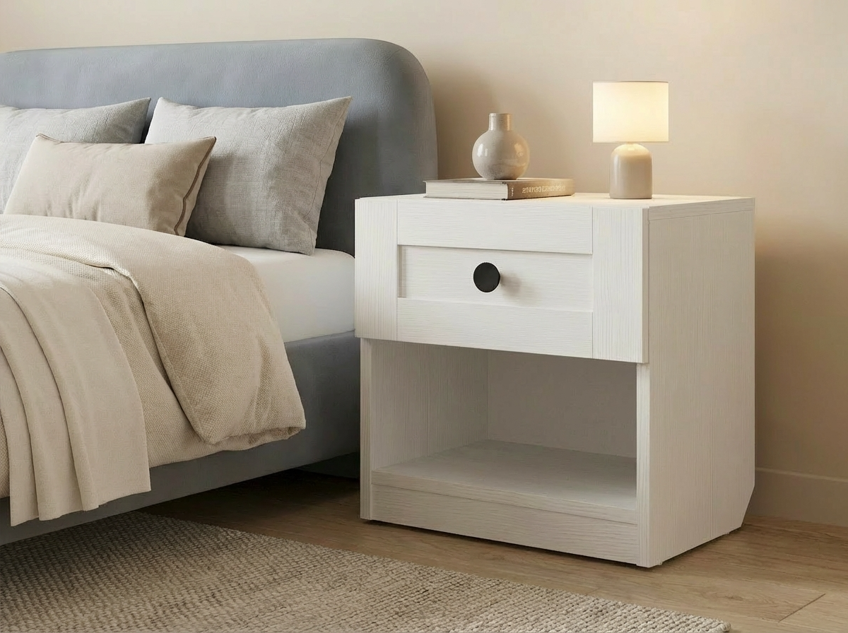 Noptiera Fabrik Home Mezzo 2, Frasin Alb, 450x450x350 mm, 1 Sertar cu Culisare Metalice si 1 Nisa Deschis, Buton Circular Negru, Design Elegant Compact