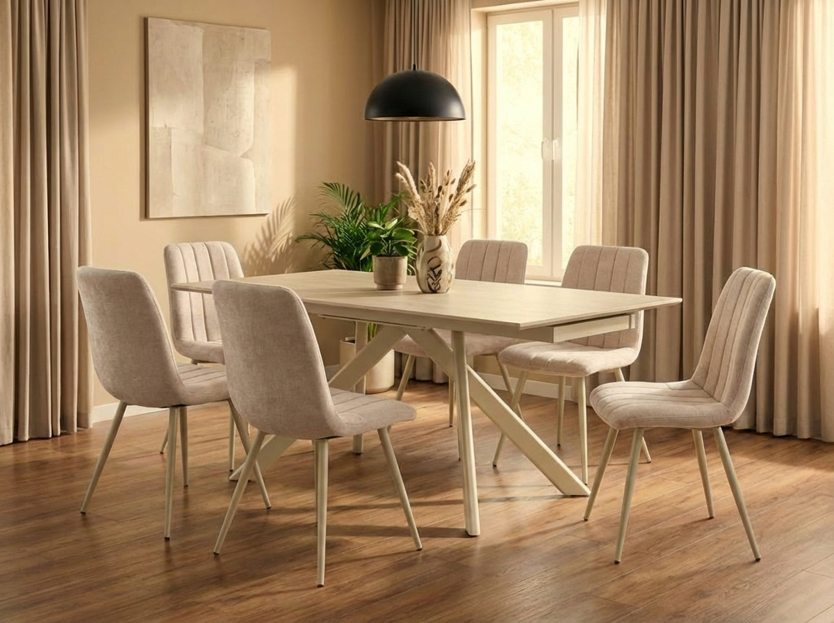 Scaun Dining Interdepo Jet, Tapiterie Catifea Bej, Picioare Metalice, Design cu Cusaturi Verticale, 440x880x540 mm