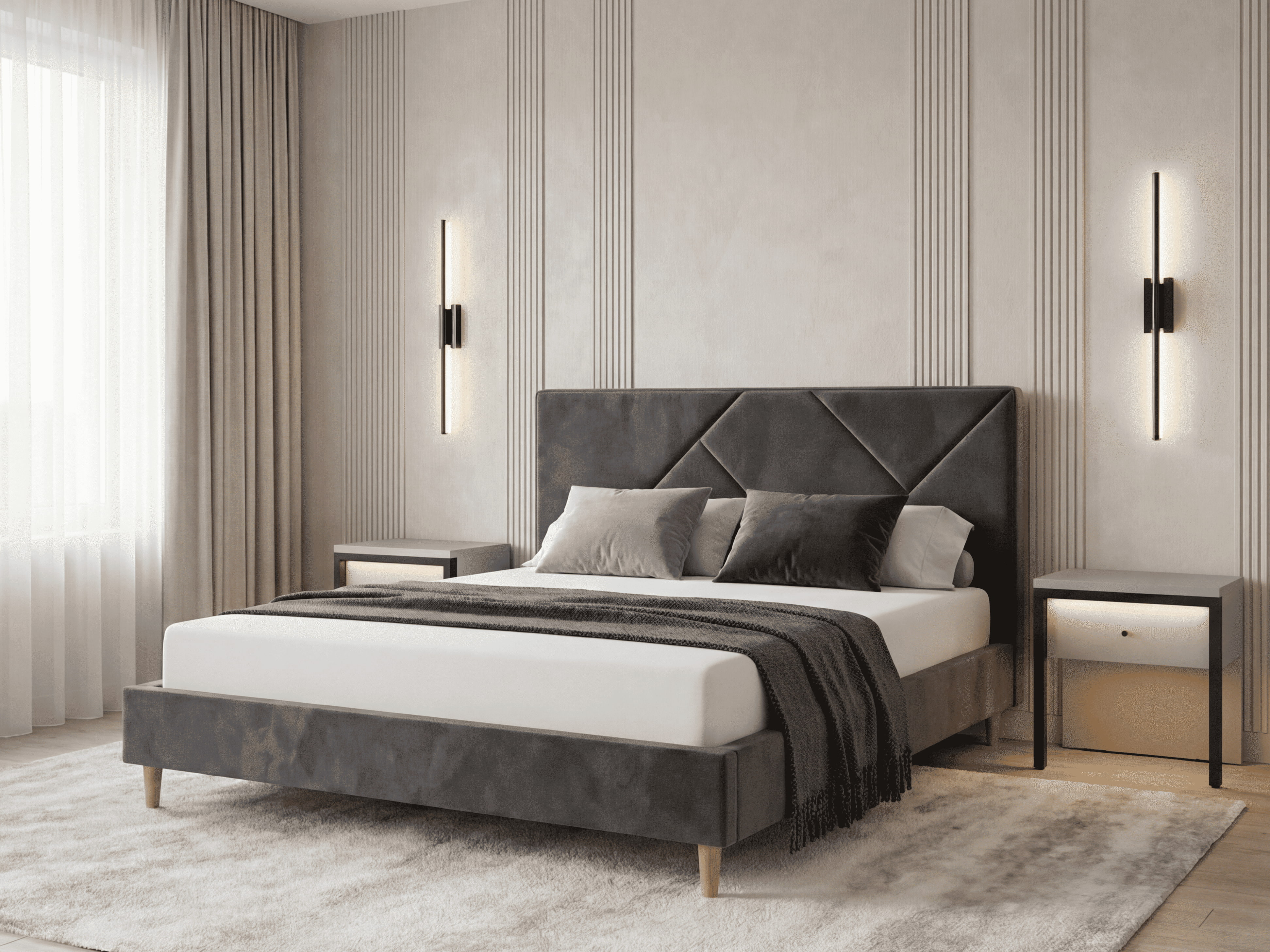 SidiM Stefania 3 Double Bed, 1600x2000 mm Mattress Size, Walnut Color, Upholstered Geometric Headboard, Lift-up Storage, MDF and Fabric, Wooden Legs