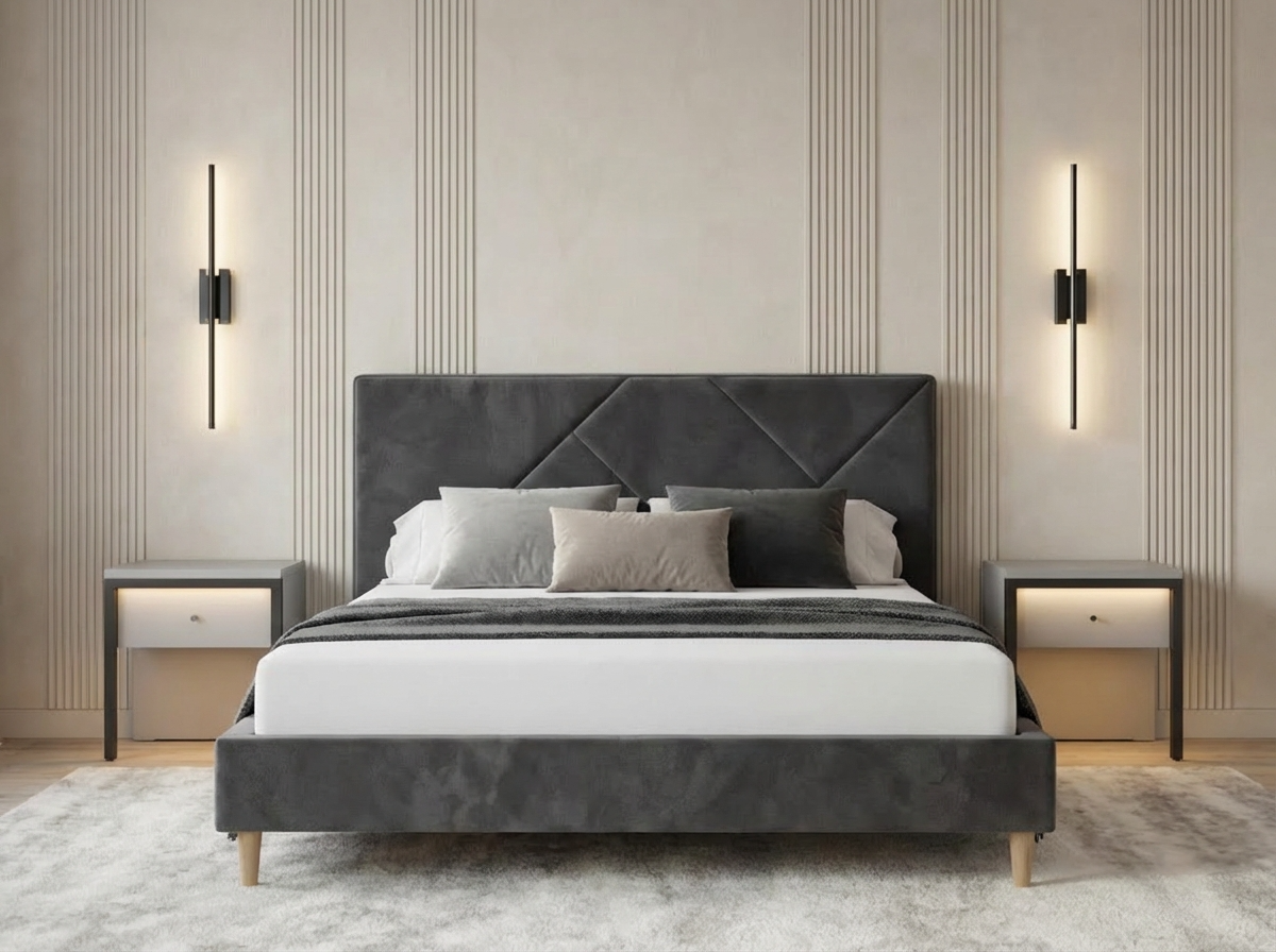 SidiM Stefania 3 Double Bed, 1600x2000 mm Mattress Size, Walnut Color, Upholstered Geometric Headboard, Lift-up Storage, MDF and Fabric, Wooden Legs