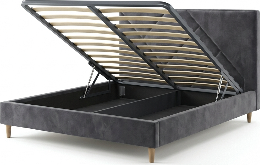 SidiM Stefania 3 Double Bed, 1600x2000 mm Mattress Size, Walnut Color, Upholstered Geometric Headboard, Lift-up Storage, MDF and Fabric, Wooden Legs
