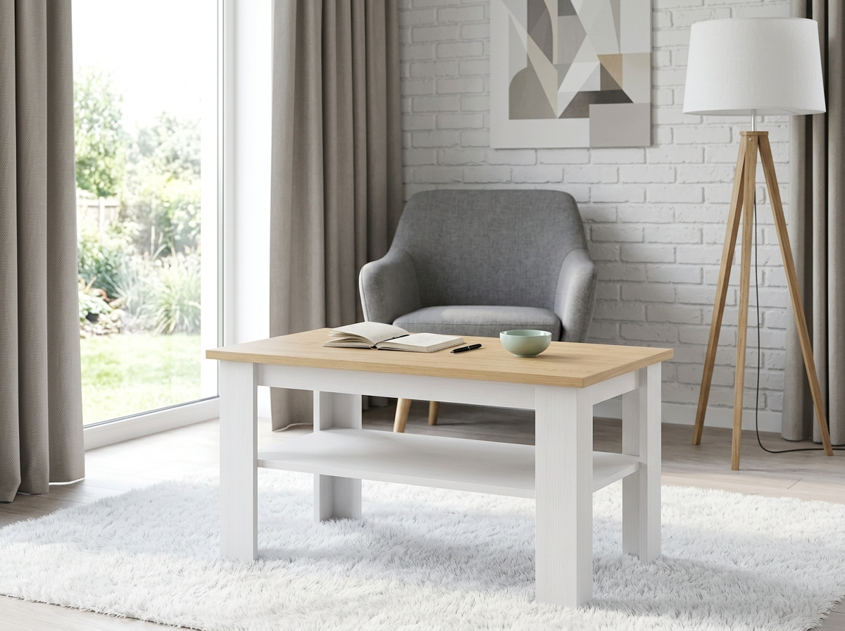 Fabrik Home Blanco Coffee Table, White Ash Wood Top with White Frame, 800x500x460 mm, Living Room Side Table with Lower Storage Shelf