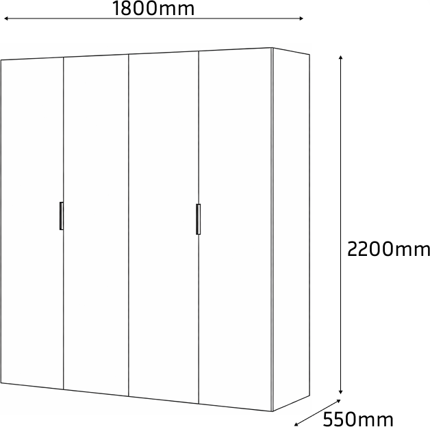 Dulap cu usi batante Fabrik Home HARDY 1800, 4 usi, MDF Alb, 1800x2200x550 mm, cu 5 rafturi, bara pentru umerașe și 2 sertare