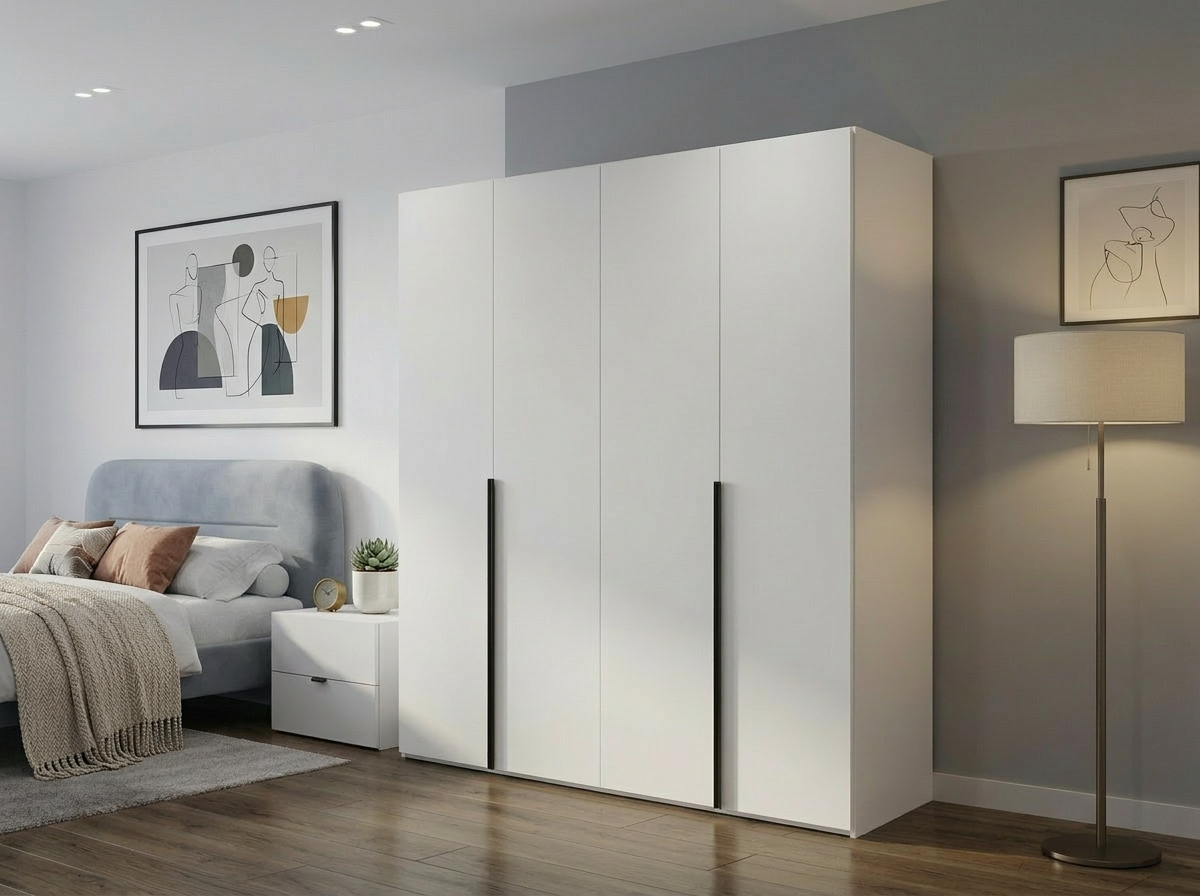 Dulap cu usi batante Fabrik Home HARDY 1800, 4 usi, MDF Alb, 1800x2200x550 mm, cu 5 rafturi, bara pentru umerașe și 2 sertare