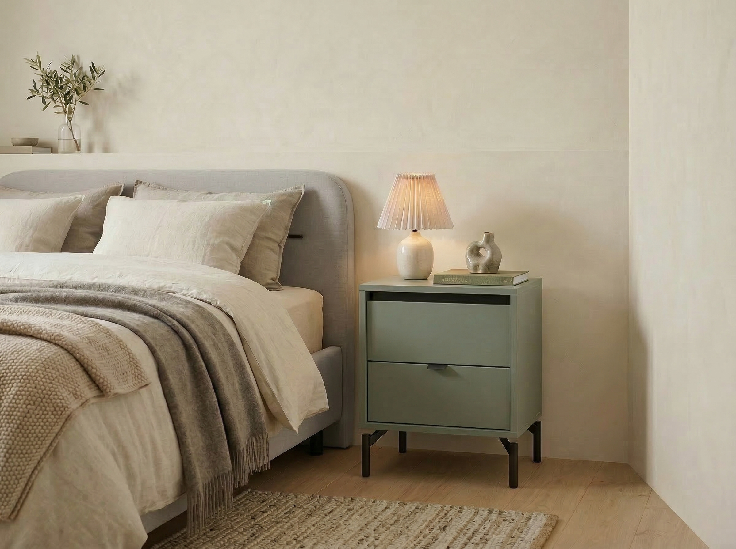 Noptiera Fabrik Home Marshal, Verde cu 2 Sertare, Culisare Metalice, Picioare Negre, 420x550x304mm