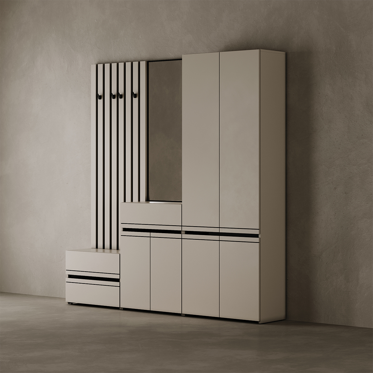 Dulap Hol Fabrik Home BASIC Modular, Cashmere, 800x2200x356 mm, 4 Usi, Pritranse Integrate, Design Minimalist Modern