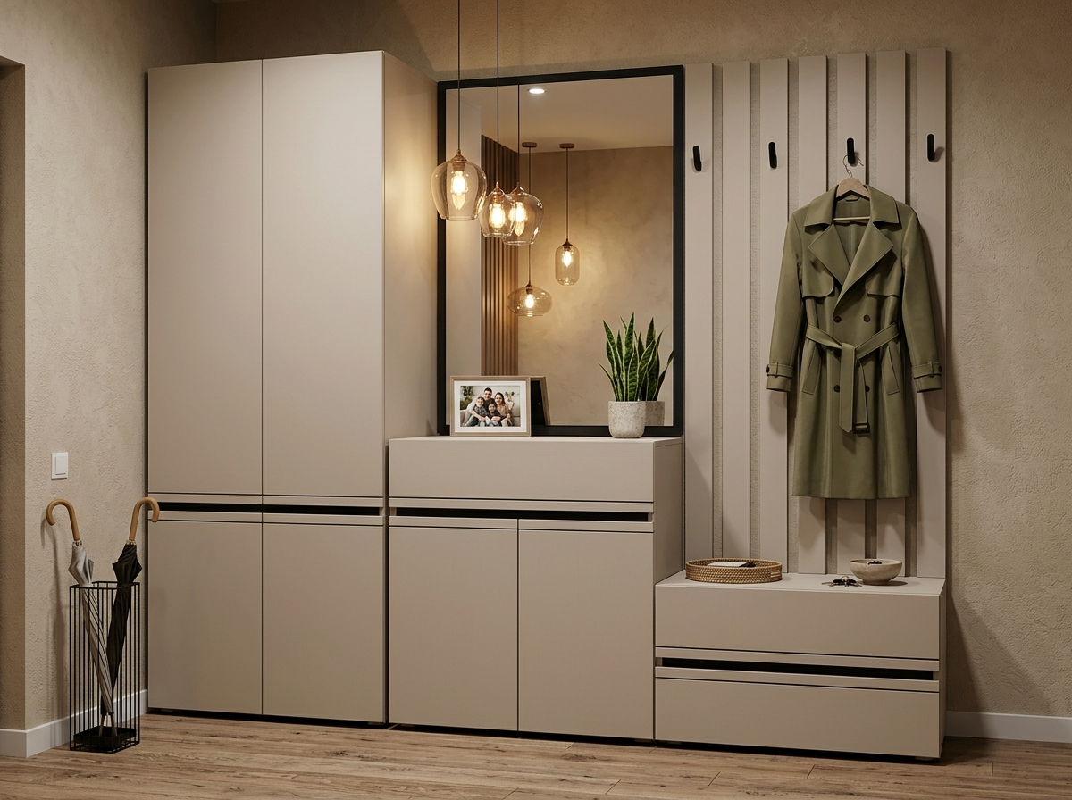 Dulap Hol Fabrik Home BASIC Modular, Cashmere, 800x2200x356 mm, 4 Usi, Pritranse Integrate, Design Minimalist Modern