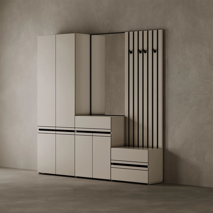 Dulap Hol Fabrik Home BASIC Modular, Cashmere, 800x2200x356 mm, 4 Usi, Pritranse Integrate, Design Minimalist Modern