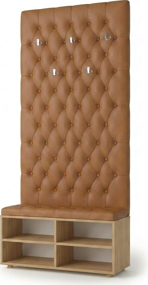 Fabrik Home Hol Siera Hallway Set of 2 Pieces, Stony Oak, Shoe Cabinet with 4 Sections and Chesterfield Tufted Upholstered Wall Support with 5 Metal Hooks, 90x210x36 cm